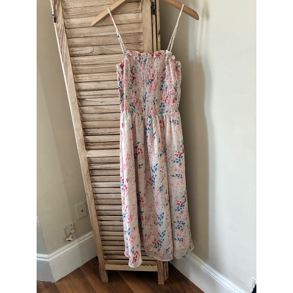 Forever 21 Contemporary Floral Smocked Midi Dress Pink Red Blue M Cottagecore